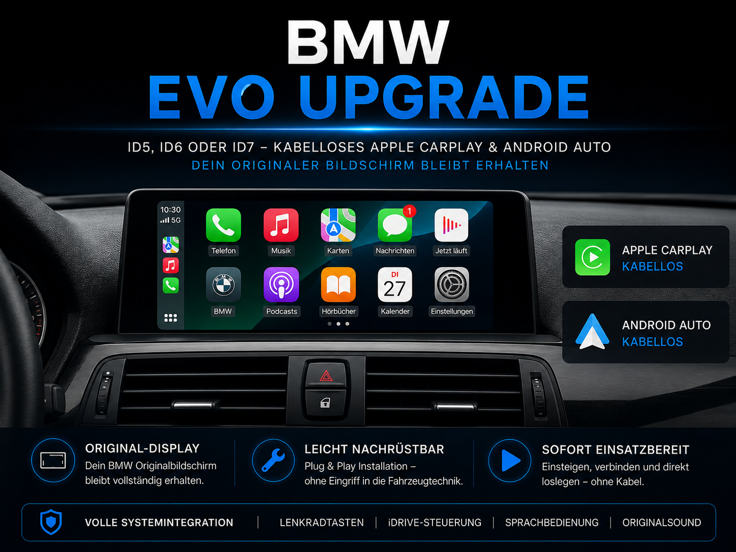 BMW EVO ID5/ID6/ID7 CarPlay-Nachrüstung – Android Auto Upgrade für NBT-EVO-System